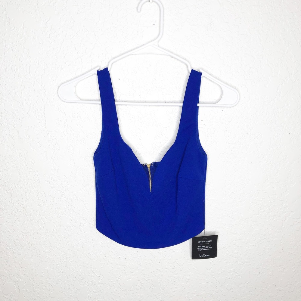 Lulus Royal Blue V-Neck Corset Style Crop Top Gold Back Zip Extra Small XS NWT